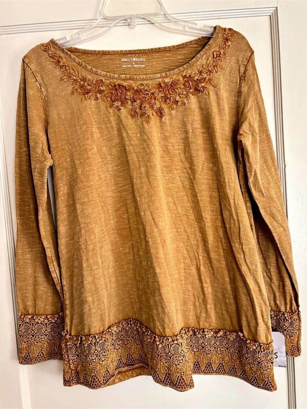 April Cornell Embroidered Lace Hem Tunic in Brown Size Small
